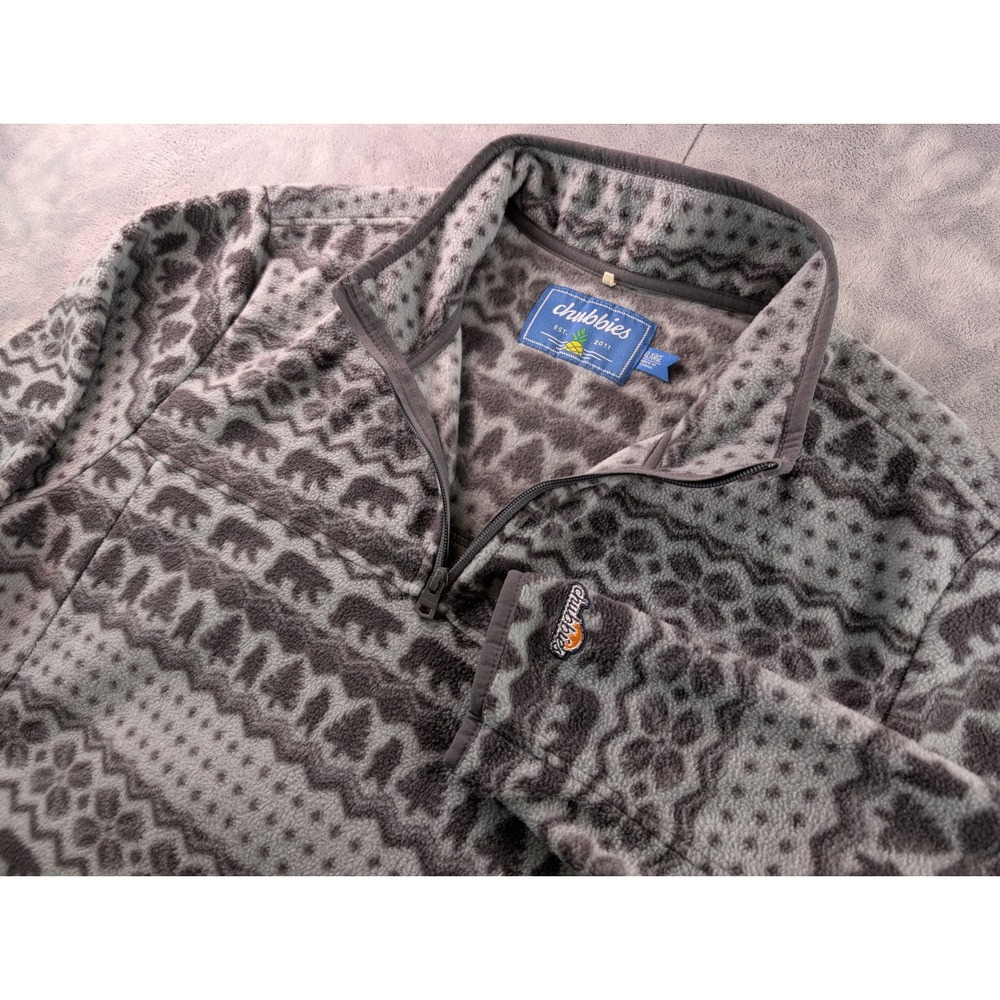 Chubbies Mens XL Quarter Zip Fleece Pullover Bear Fair Isle Grey FW210W00111